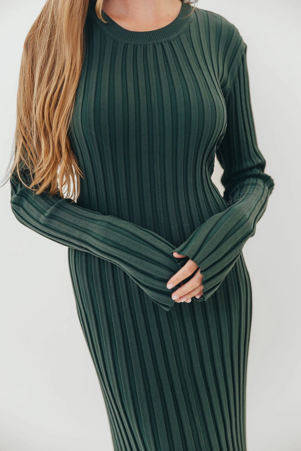 Daily Favorite Colette Premium Long Sleeved Ribbed Knit Maxi Dress in Green - Bump Friendly