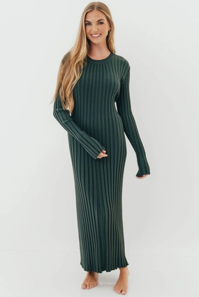 Sleek Motion Sleek long-sleeve dress Colette Premium Long Sleeved Ribbed Knit Maxi Dress in Green - Bump Friendly