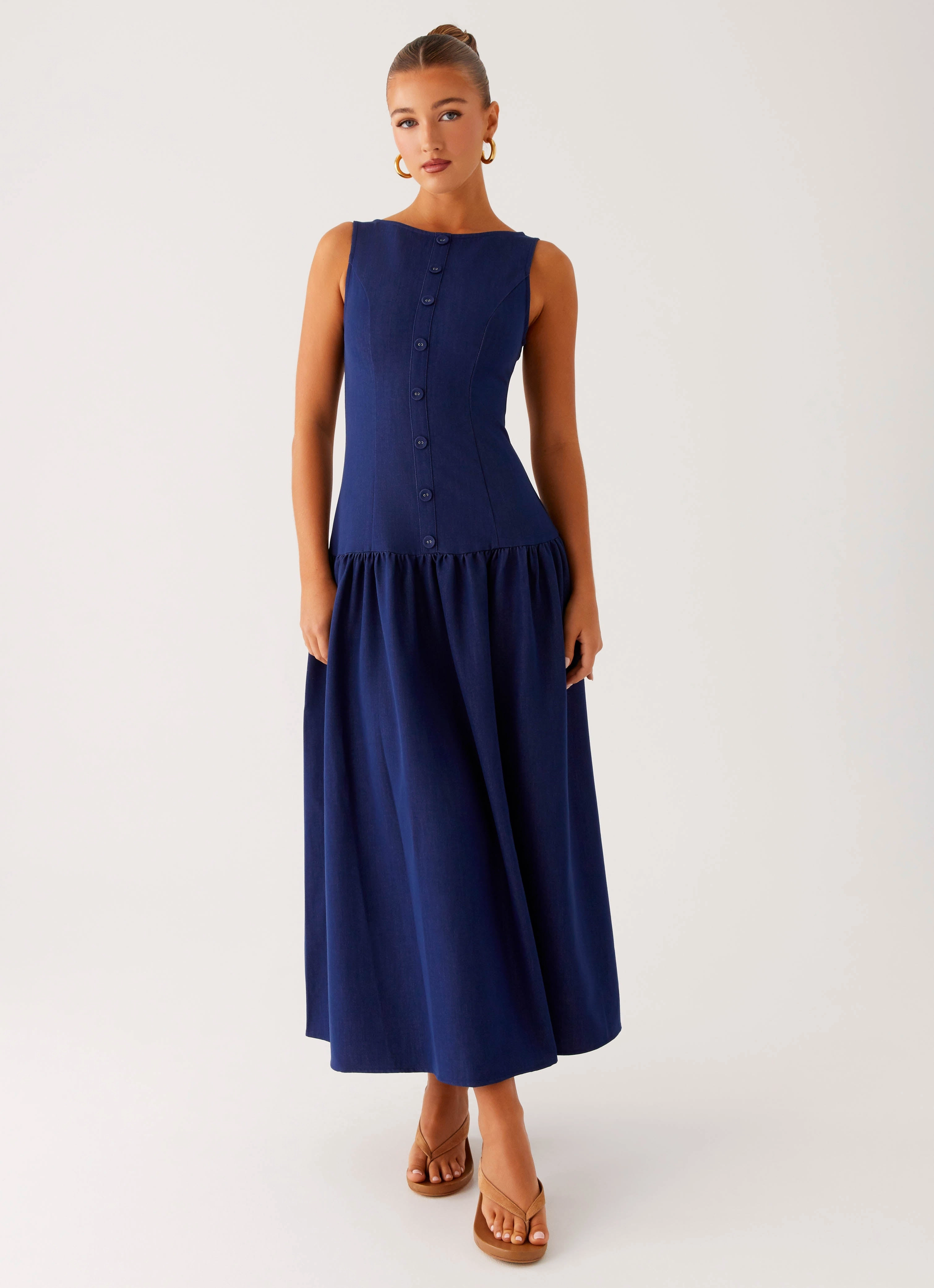Hayes Denim Midi Dress - Indigo Satin-Edge