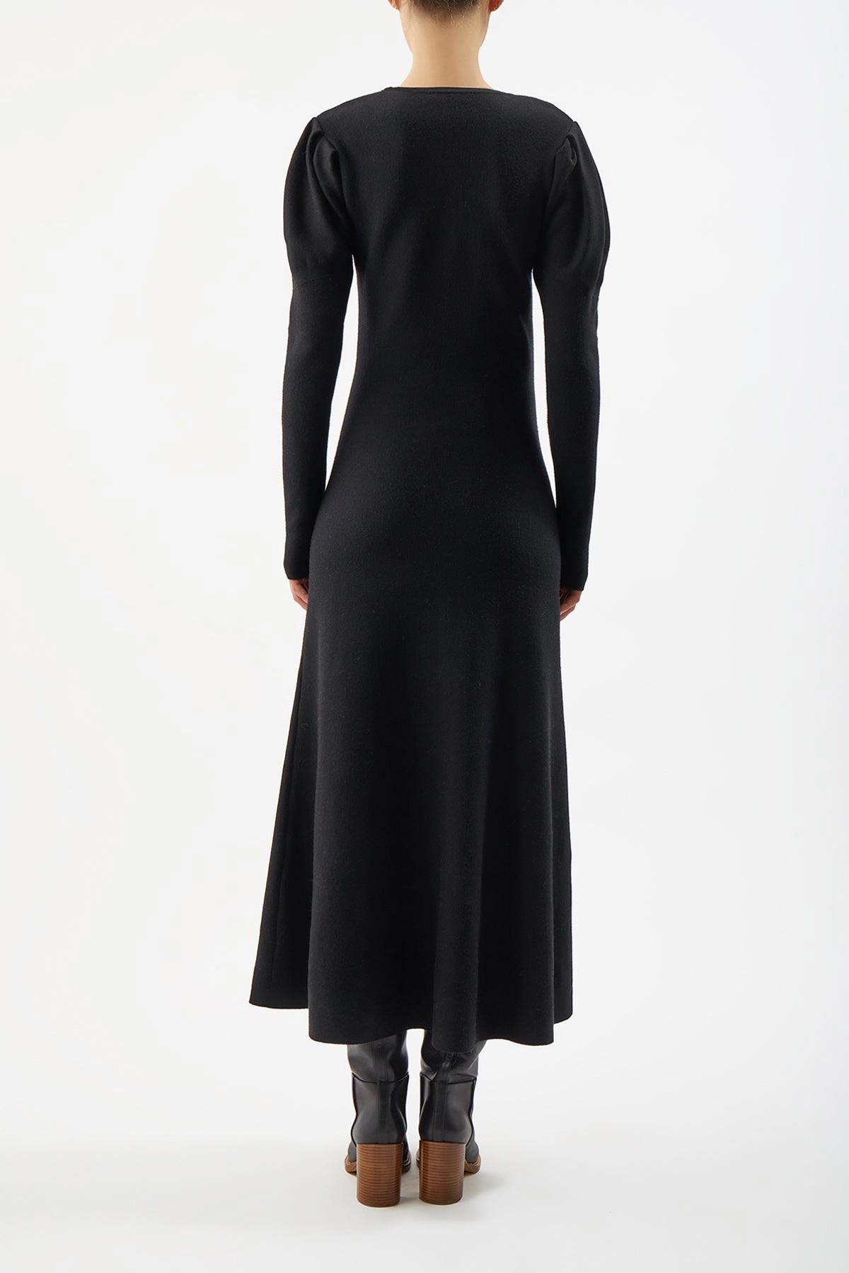 Hannah Knit Maxi Dress in Black Merino Wool Cashmere Light Reflective Trims NonRestrictive Cuff