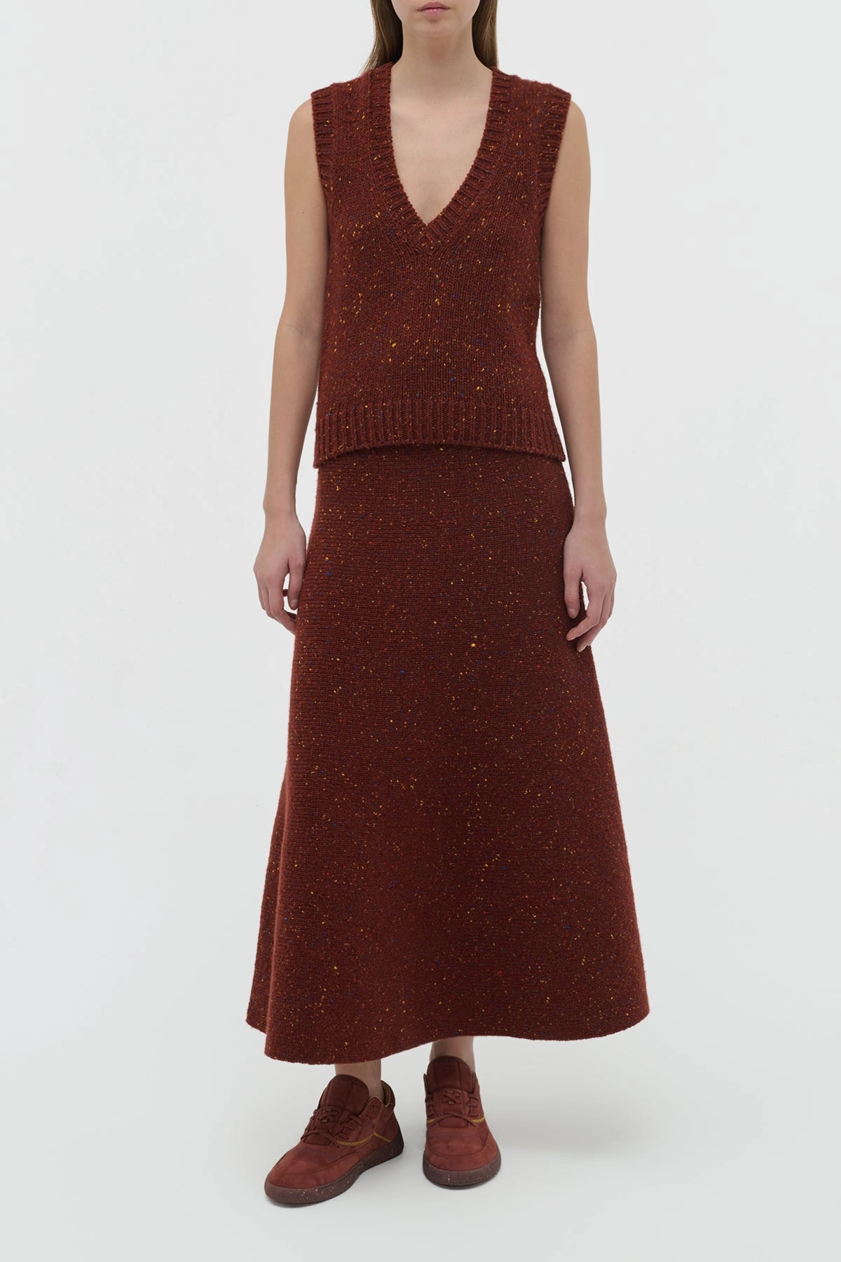 Eden Knit Maxi Skirt in Burnt Sienna Multi Speckle Cashmere Double Layered Collar