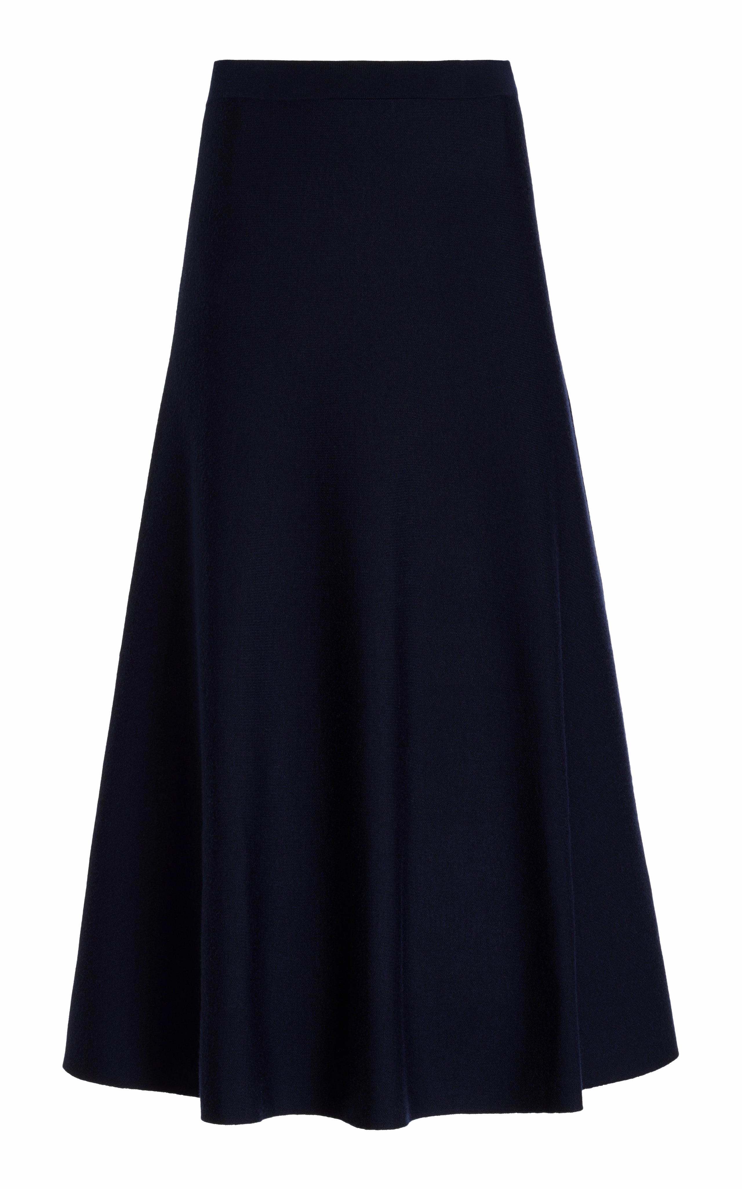 Soft Ribbed Texture Breathable Merino Wool Freddie Knit Midi Skirt in Dark Navy Merino Wool Cashmere