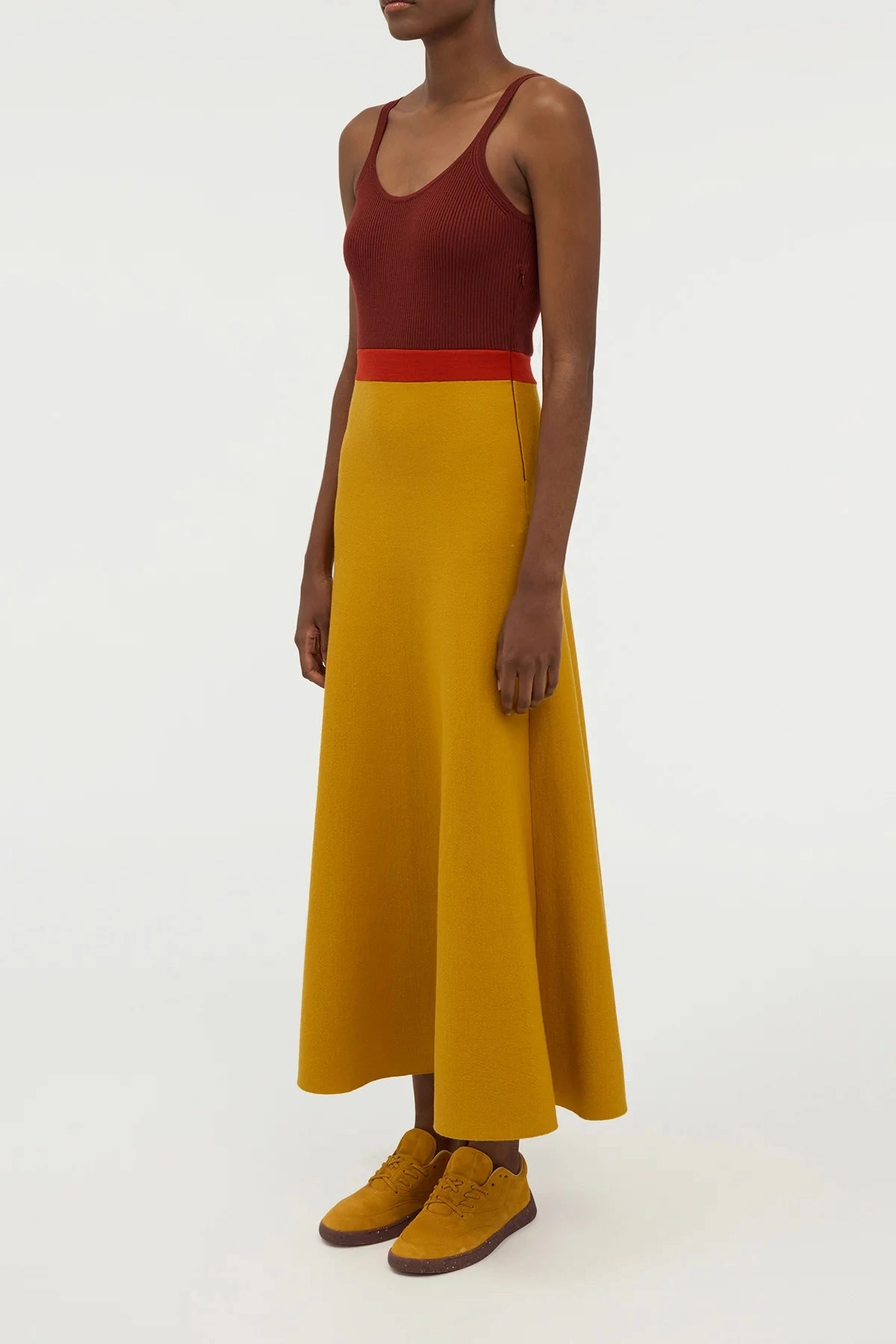 Flaminius Knit Midi Dress in Golden Birch Merino Wool Ribbed Collar Detail