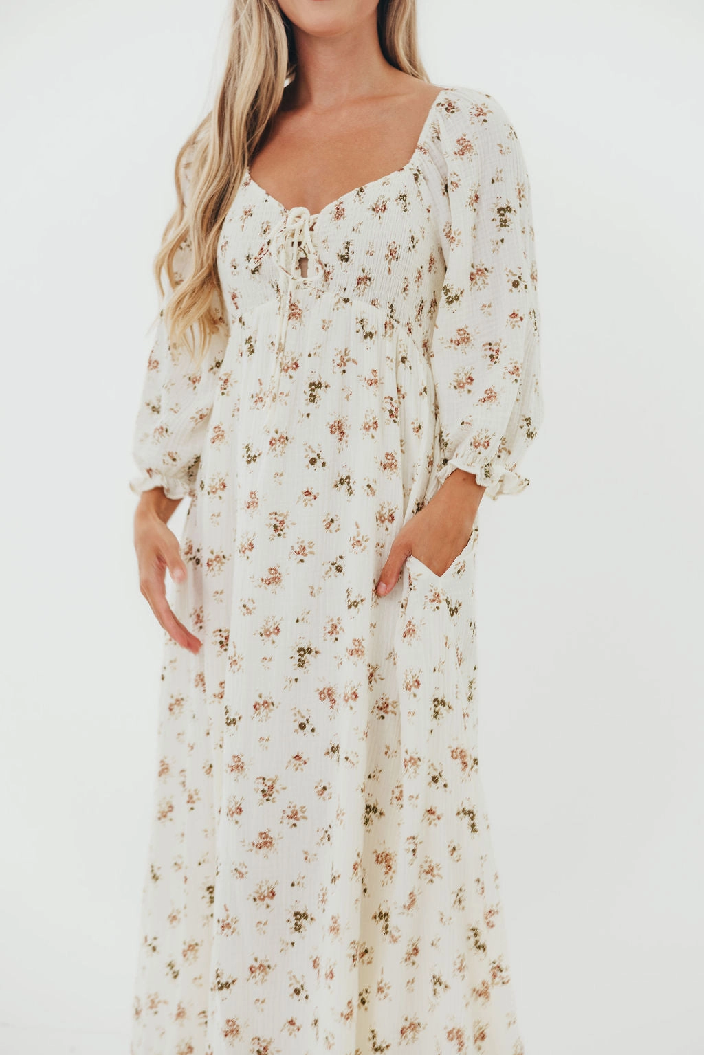Cecilia 100% Cotton Smocked Maxi Dress in Cream - Bump Friendly Elastic Fit