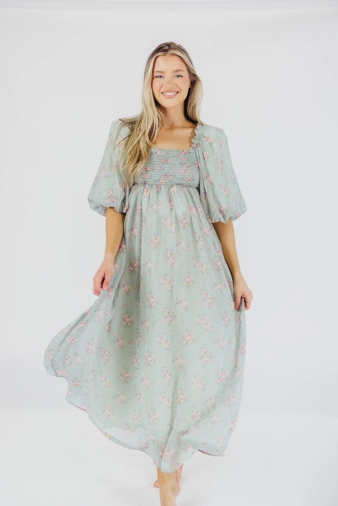 Melody Maxi Dress in Turquoise Floral - Bump Friendly & Inclusive Sizing Shade Glow