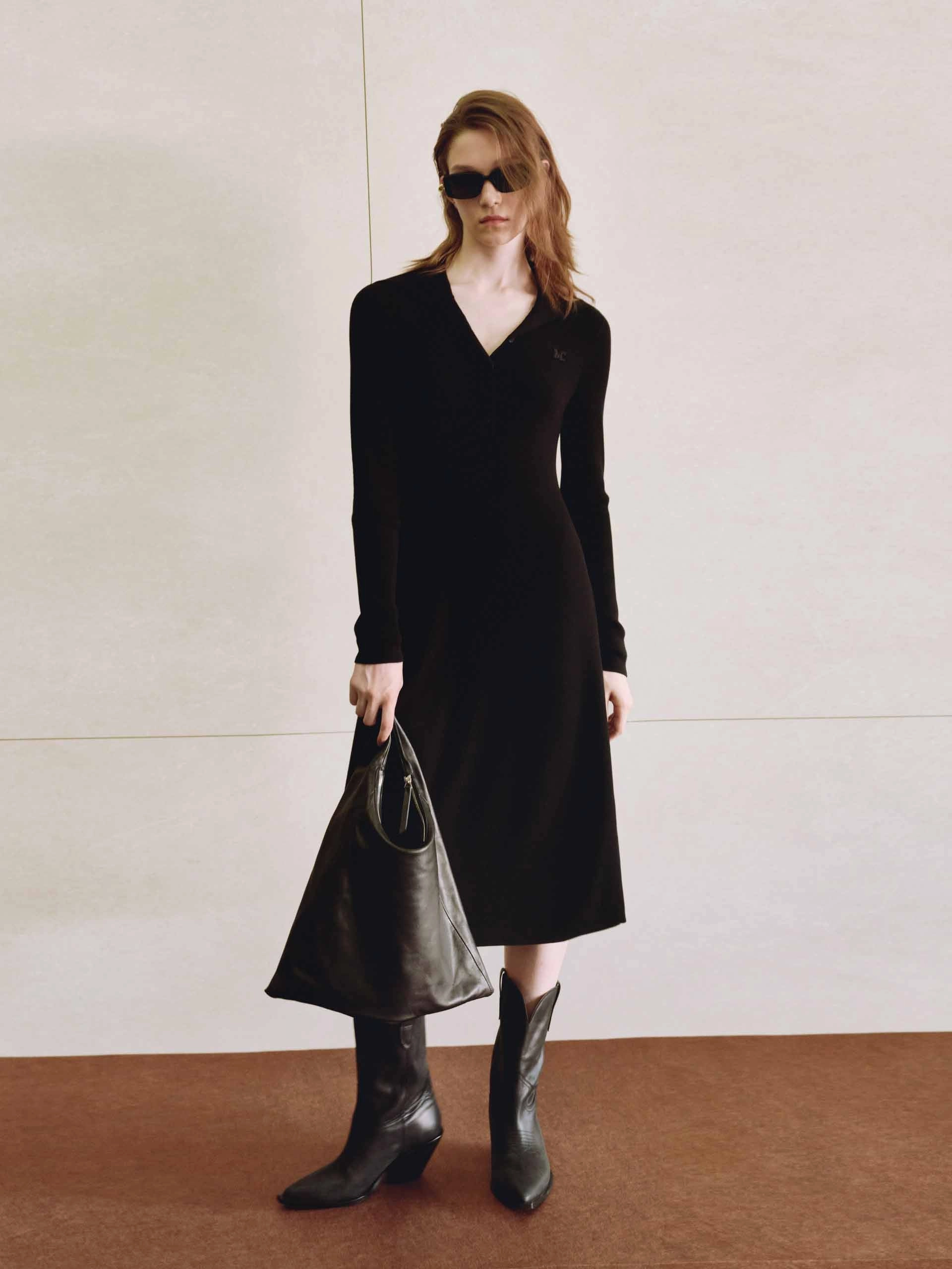 Virgin Wool Midi Knit Dress Lace Detail Easy Layering