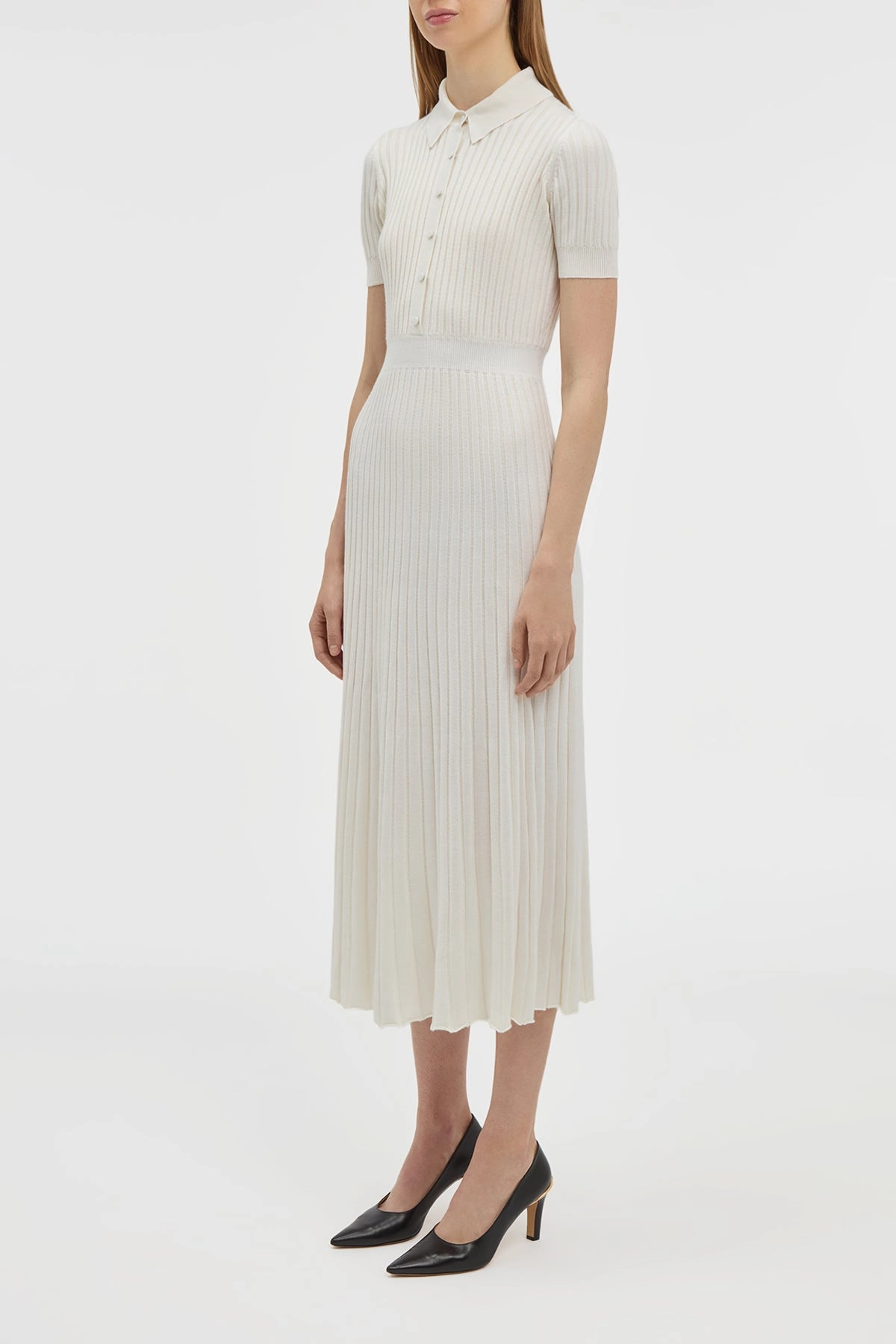 High Thread Count Breathable Layer Amor Knit Midi Dress in Ivory Cashmere Silk