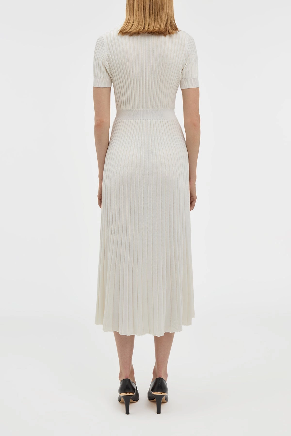 Stretch Waistband Design Amor Knit Midi Dress in Ivory Cashmere Silk