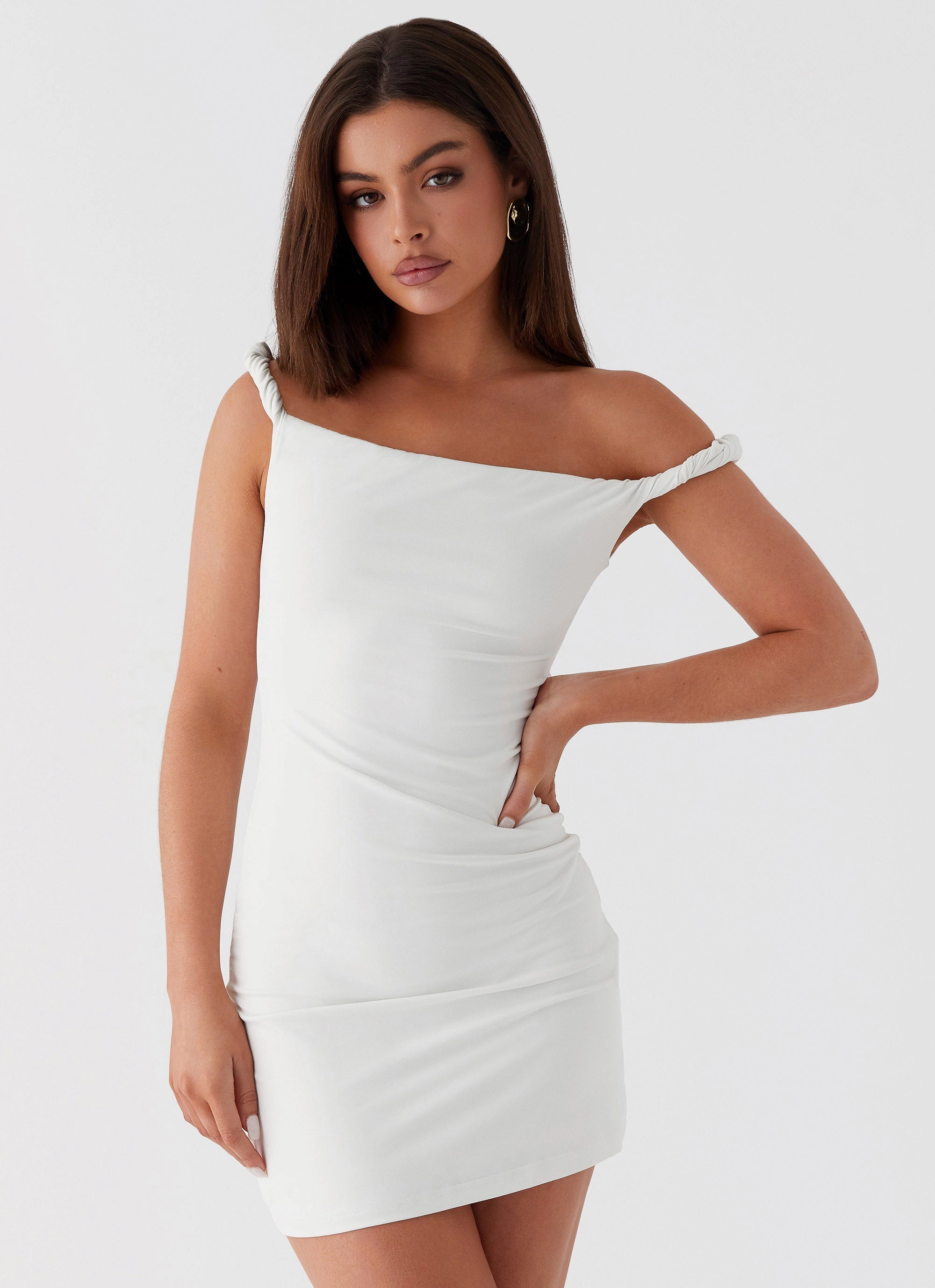 Arabella Twist Shoulder Mini Dress - Ivory Trendy wrap gown