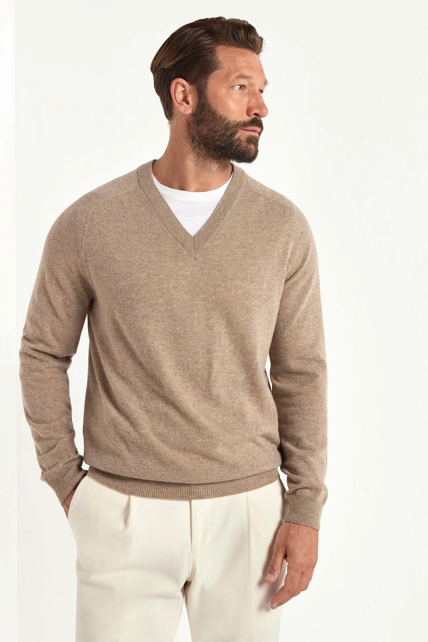 Subtle Details No Fuss Taupe v-neck  sweater - Made in Italy