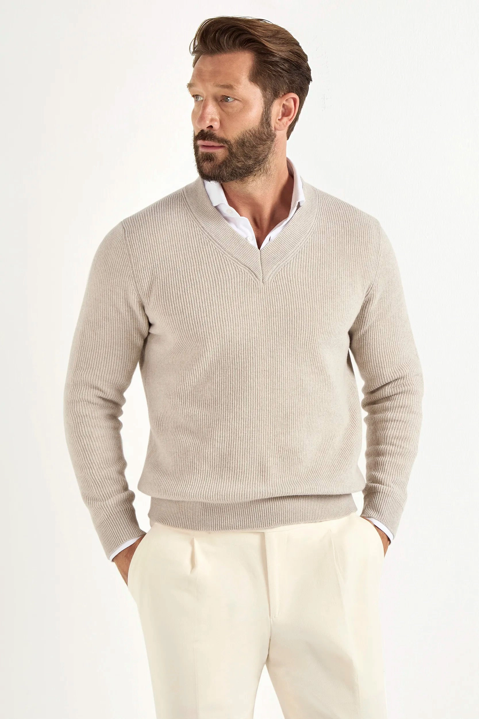 Sand ribbed v-neck sweater - Made in Italy Lightweight Stretch Fabric machine washable material