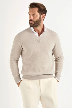 Sand ribbed v-neck sweater - Made in Italy Lightweight Stretch Fabric machine washable material