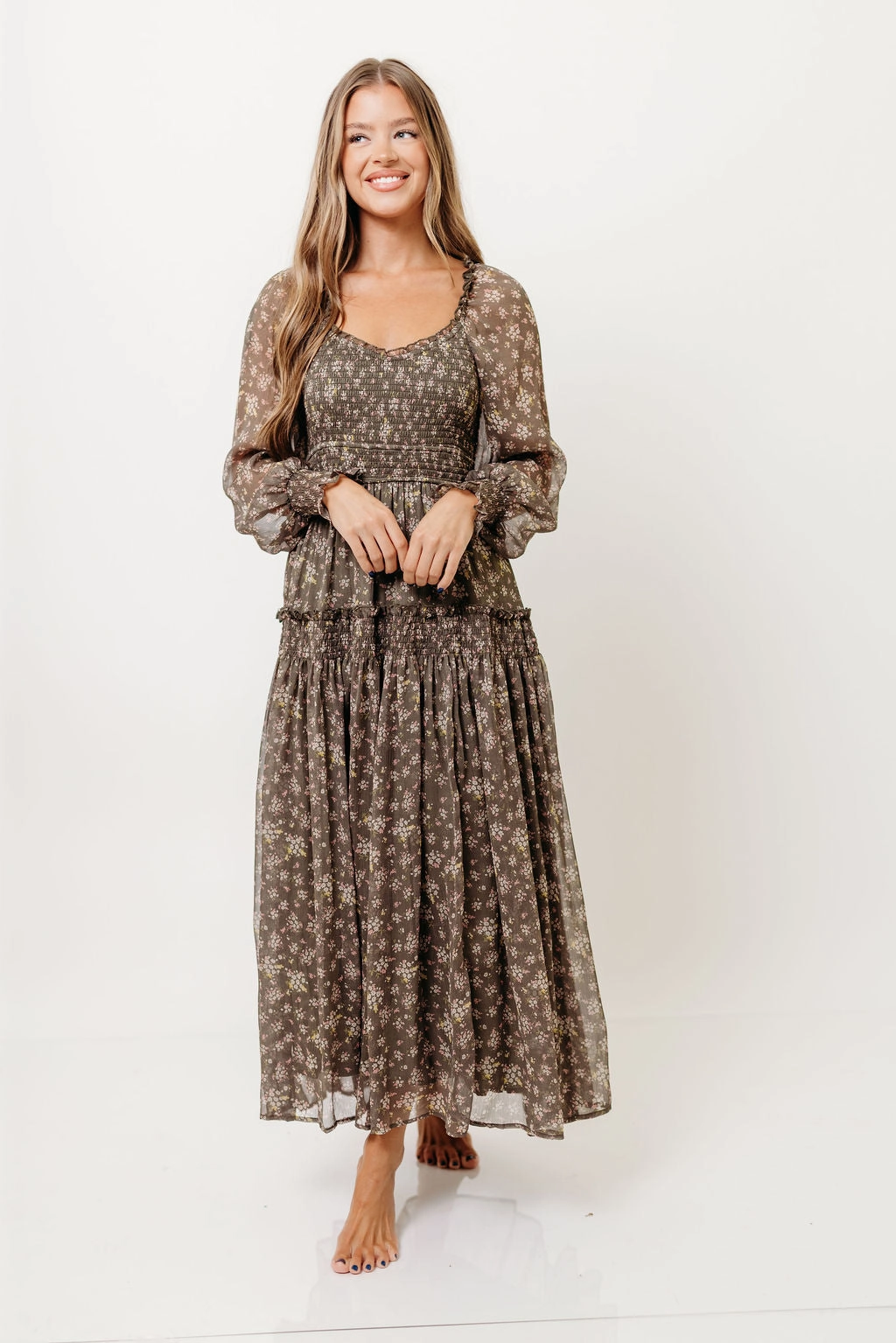 Luisa Smocked Floral Maxi Dress in Dusted Eucalyptus Figure-Skimming