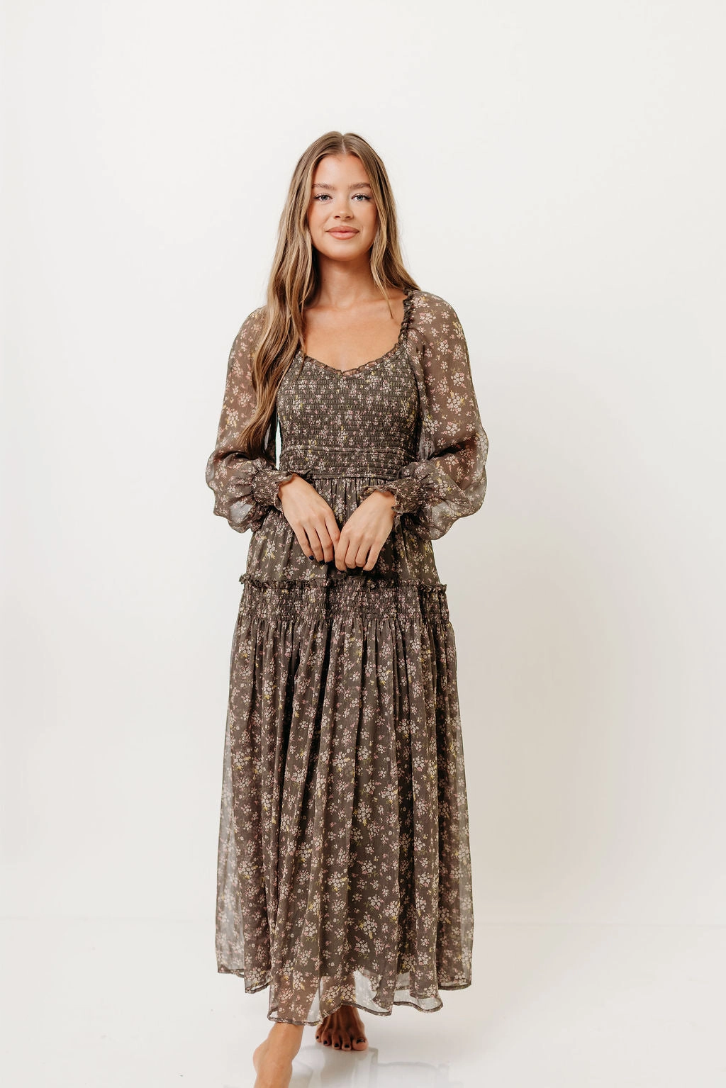Luisa Smocked Floral Maxi Dress in Dusted Eucalyptus Occasion Wear Basic essential