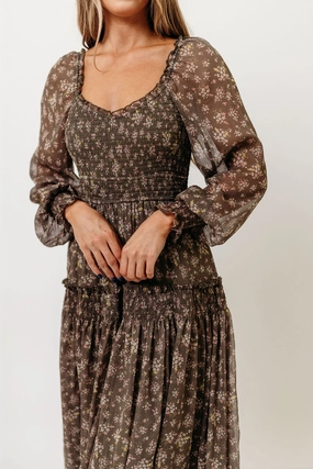 Luisa Smocked Floral Maxi Dress in Dusted Eucalyptus Relaxed Waist Fringe-Detail