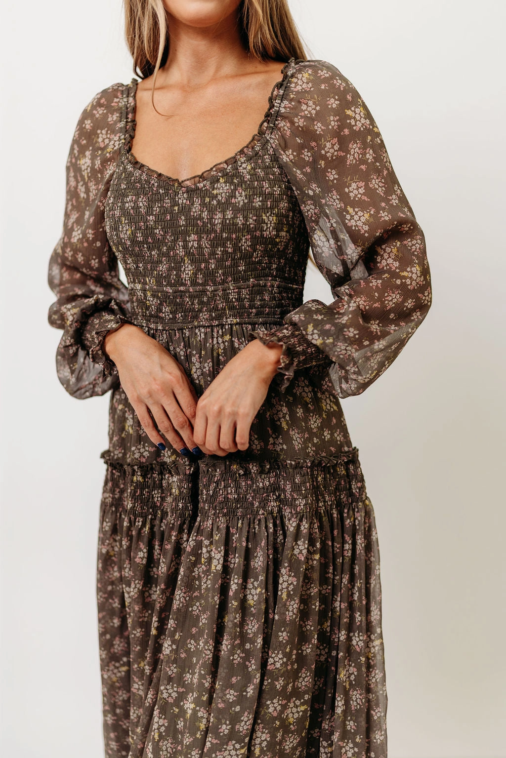 Luisa Smocked Floral Maxi Dress in Dusted Eucalyptus Relaxed Waist Fringe-Detail