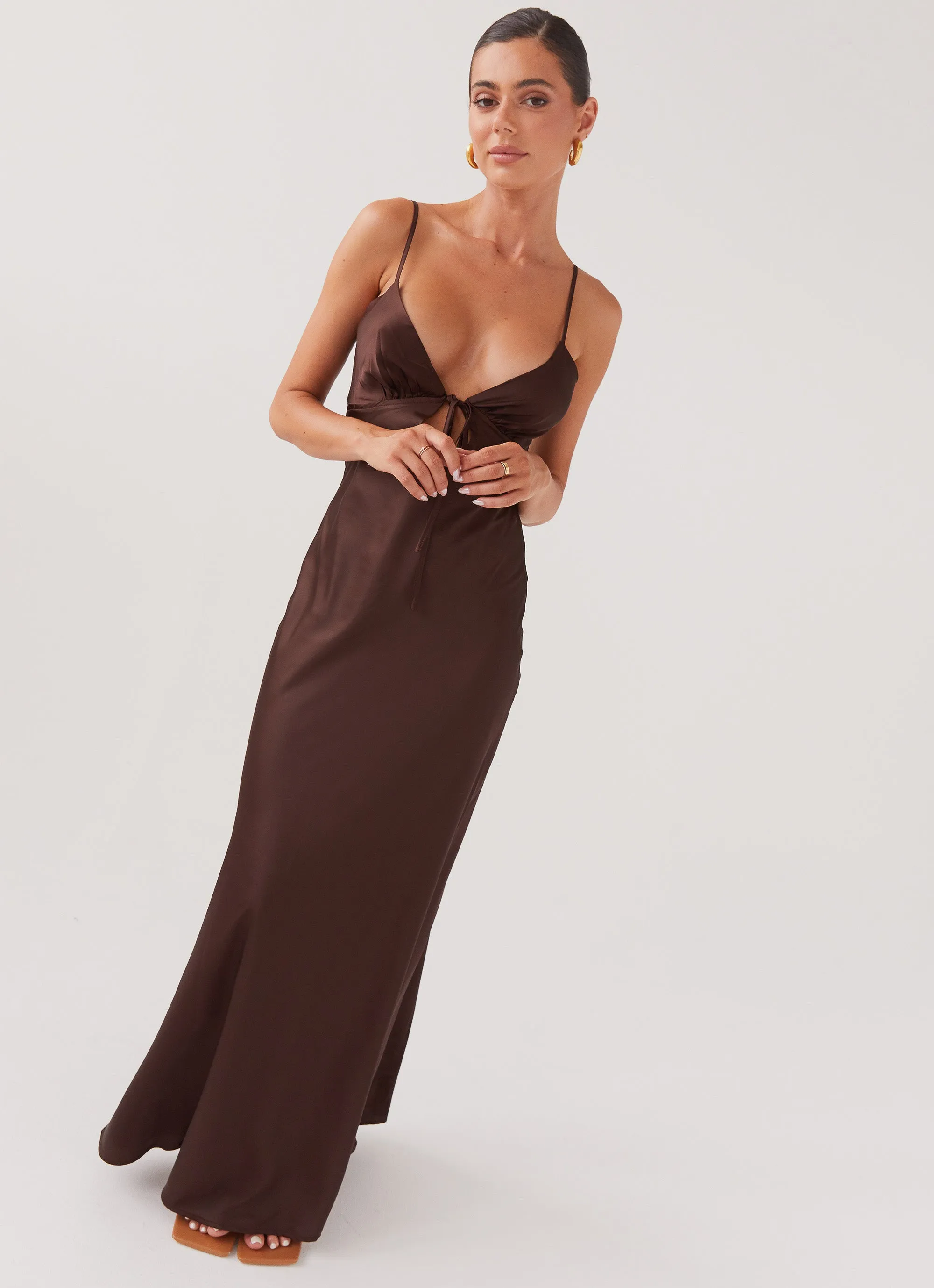 Airy Comfort Premium Look Flora Satin Maxi Dress - Chocolate