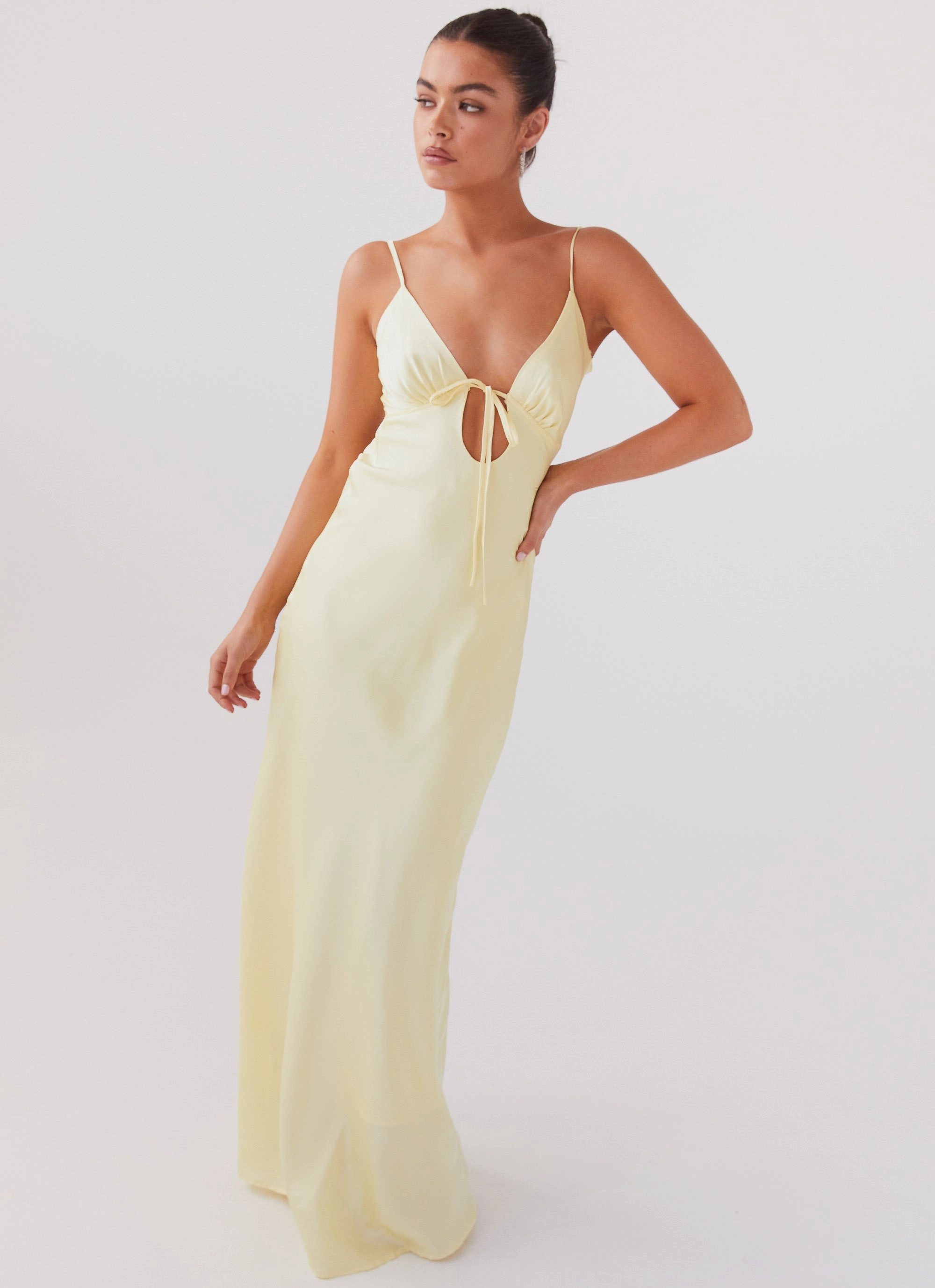 Flora Satin Maxi Dress - Lemon Lunch Date slim fit
