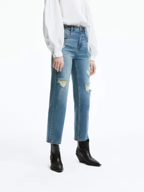 Stain Release Finish Frayed Detail Ankle Jeans
