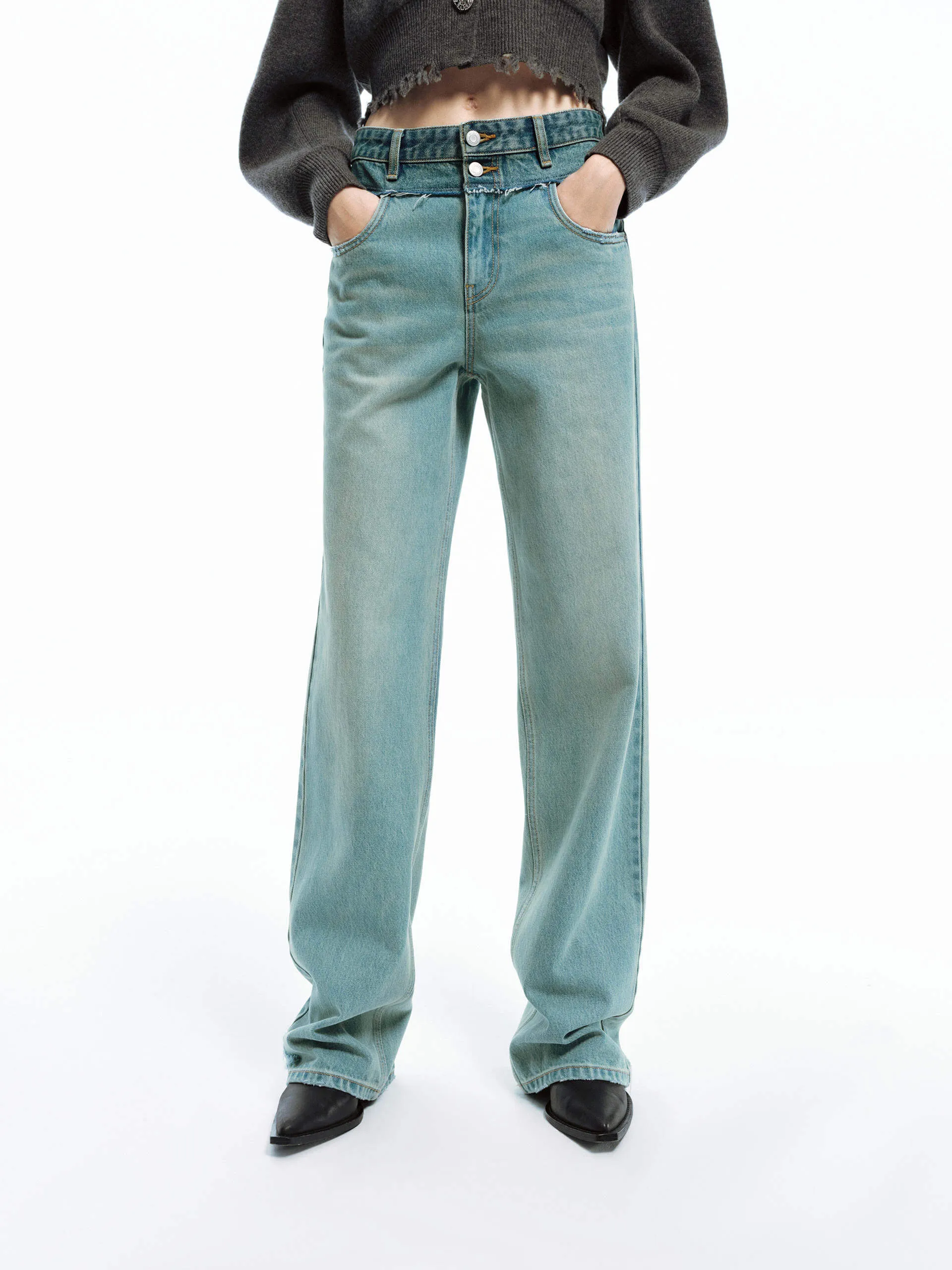 Frayed Seam Straight Jeans Smart Waistband