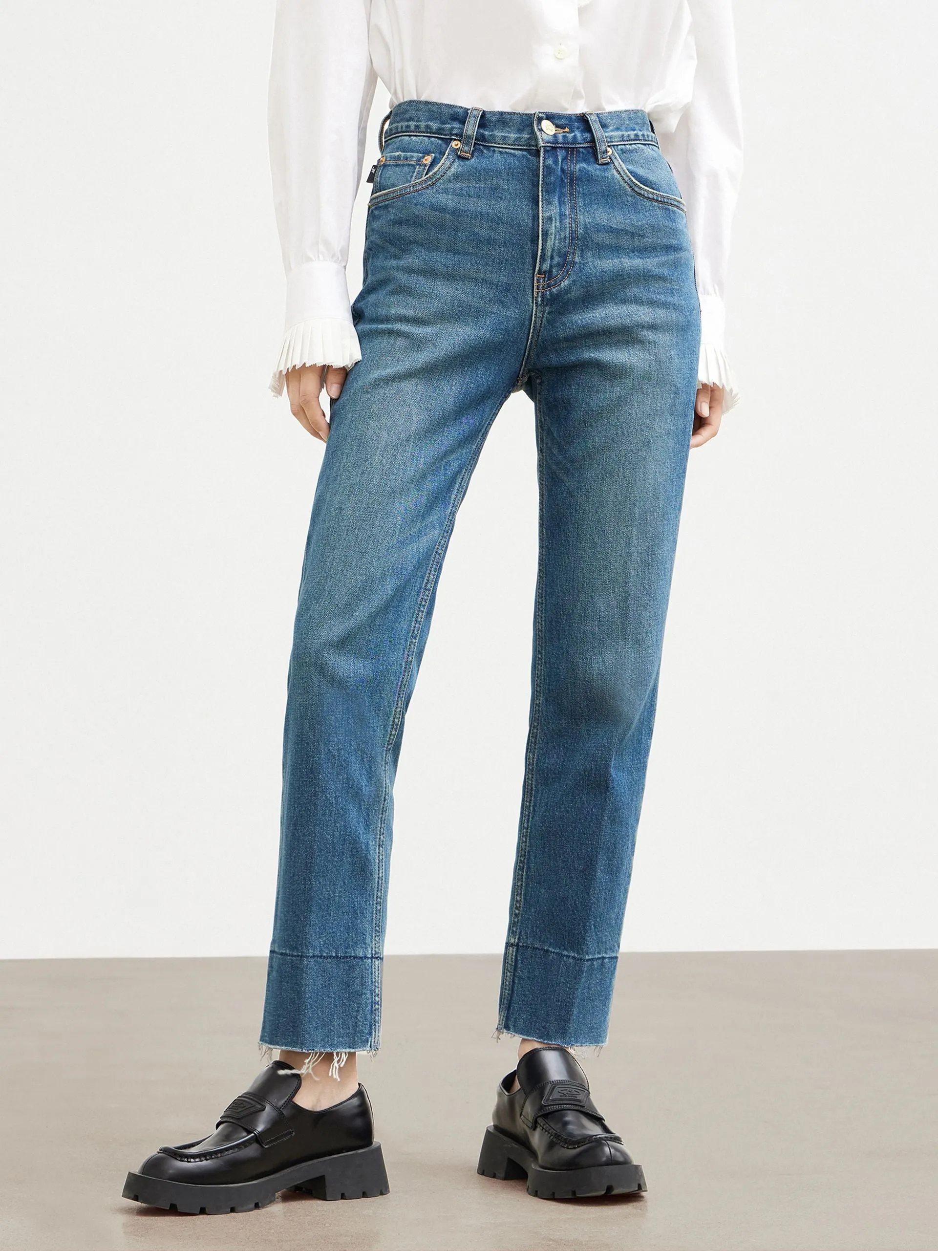 Frayed Straight Cotton Jeans elastic waistband