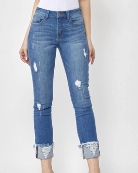 All Fit Style Casual Design Frayed Cuff Ankle Straight Jean in Medium Wash | Medium Wash