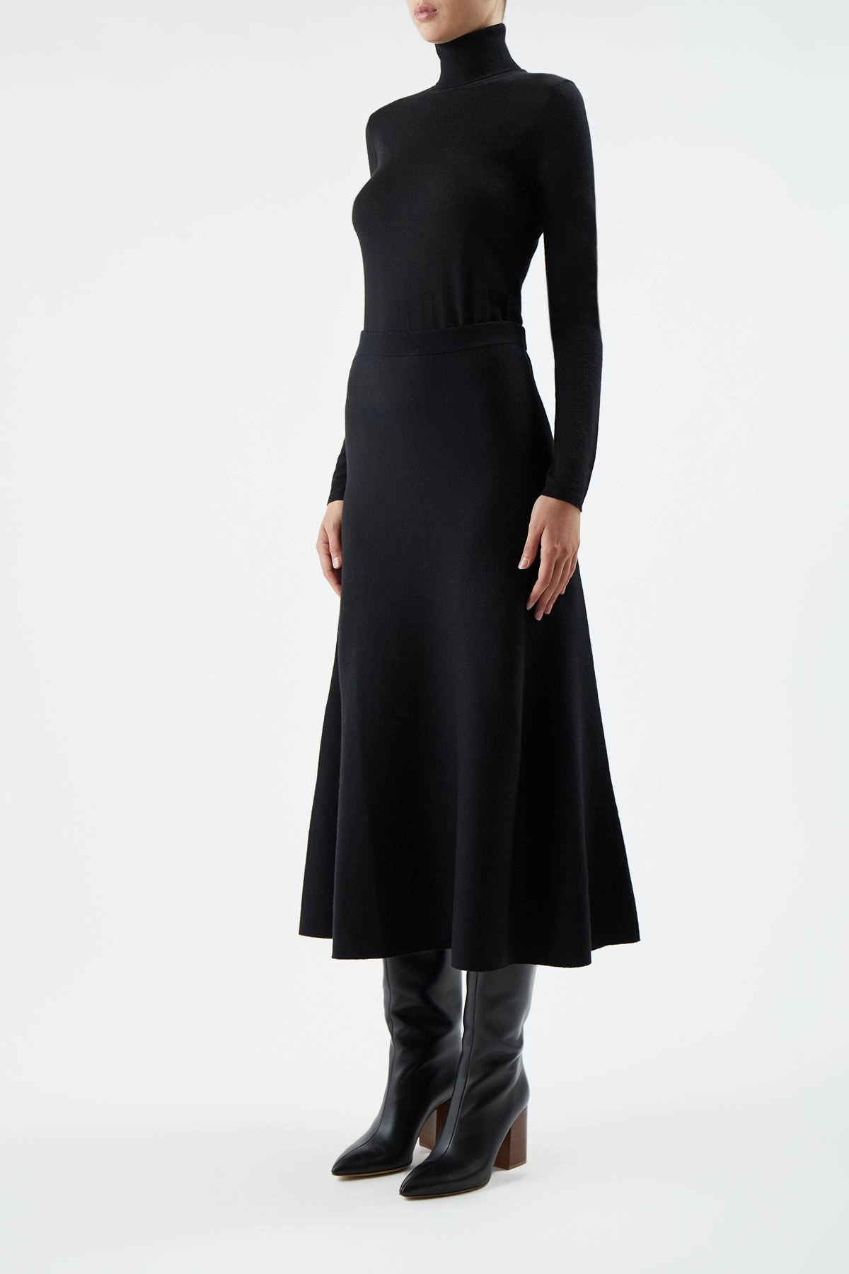 Simple Warmth Freddie Knit Midi Skirt in Black Merino Wool Cashmere