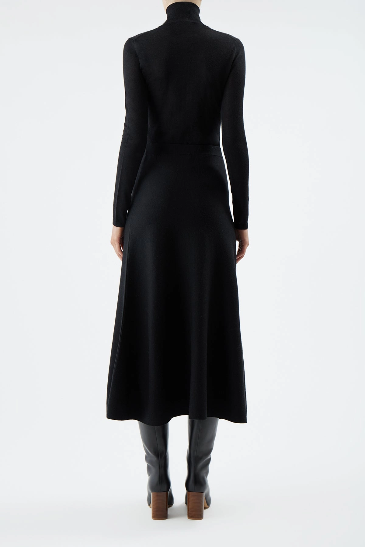Freddie Knit Midi Skirt in Black Merino Wool Cashmere Stylish Drape