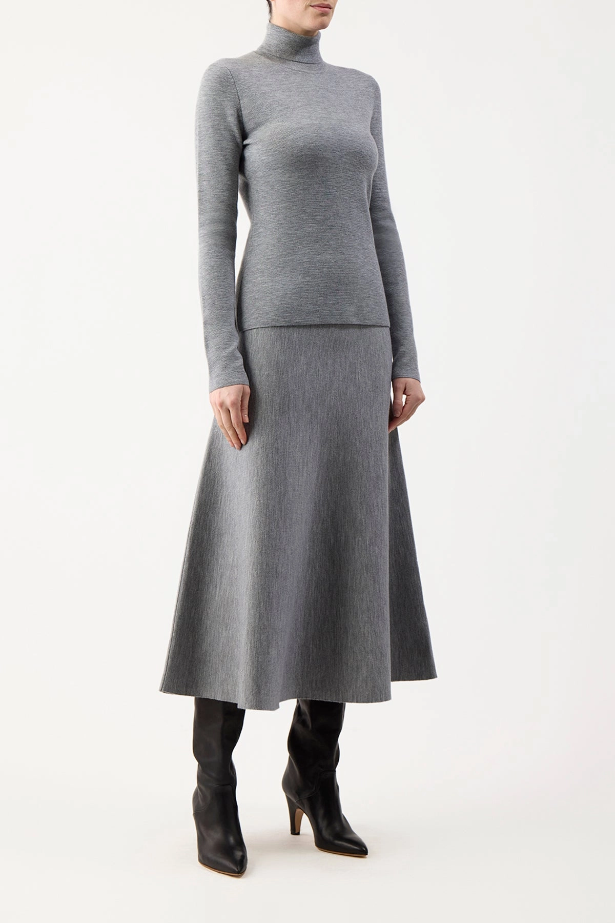 Freddie Knit Midi Skirt in Heather Grey Merino Wool Cashmere Subtle Elegance Cable Stitch