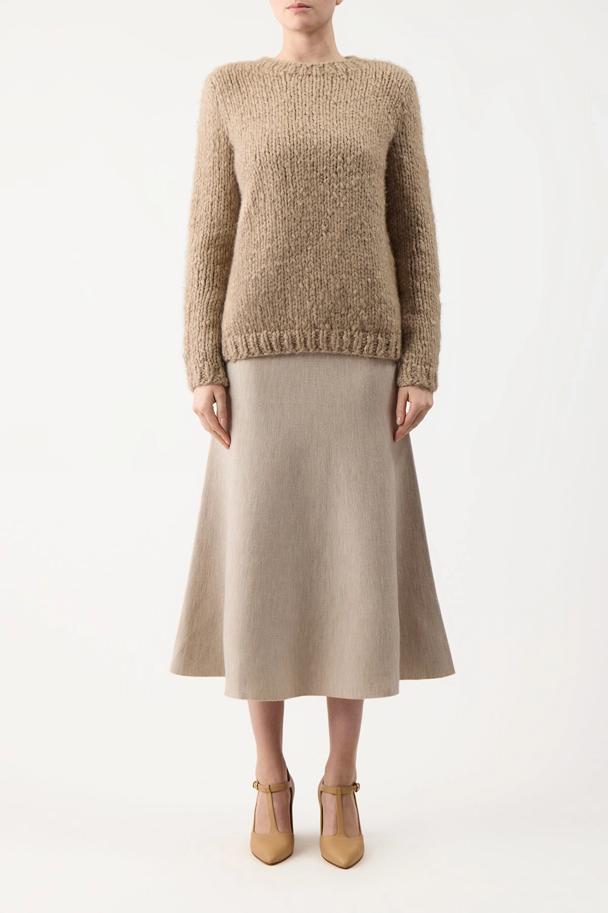 Freddie Knit Midi Skirt in Oatmeal Merino Wool Cashmere Elegant Look Adjustable Cuff