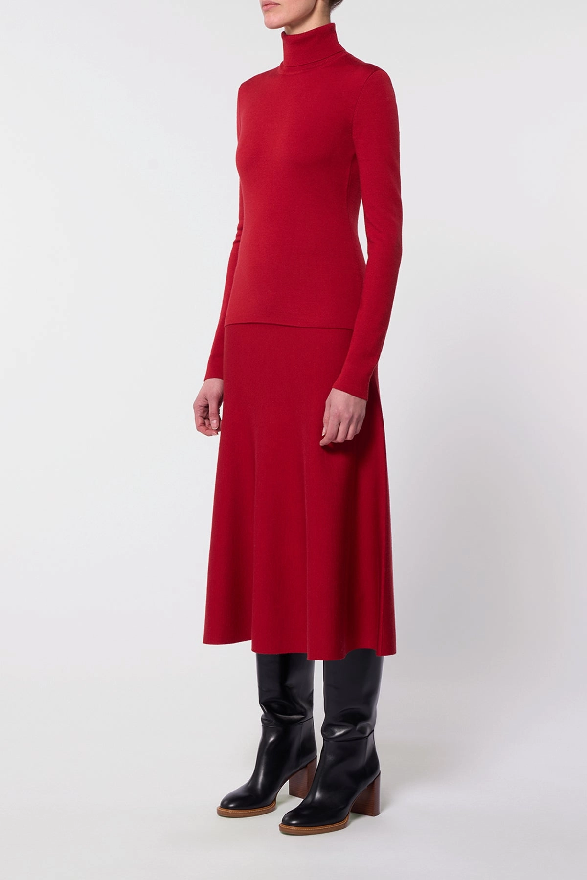 Freddie Knit Midi Skirt in Scarlet Red Merino Wool Cashmere StretchRecovery Yarn Ribbed Hem Detail