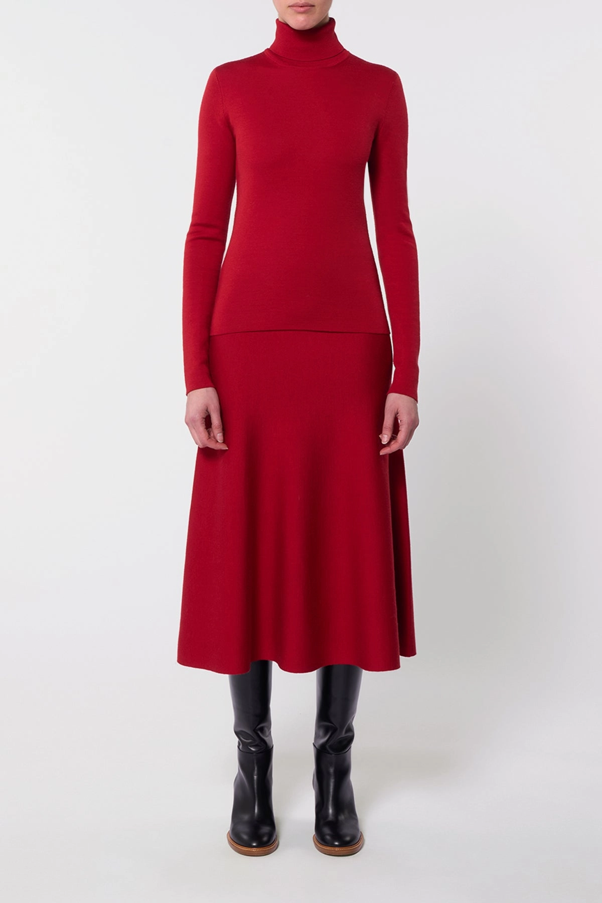 Freddie Knit Midi Skirt in Scarlet Red Merino Wool Cashmere Versatile Trend