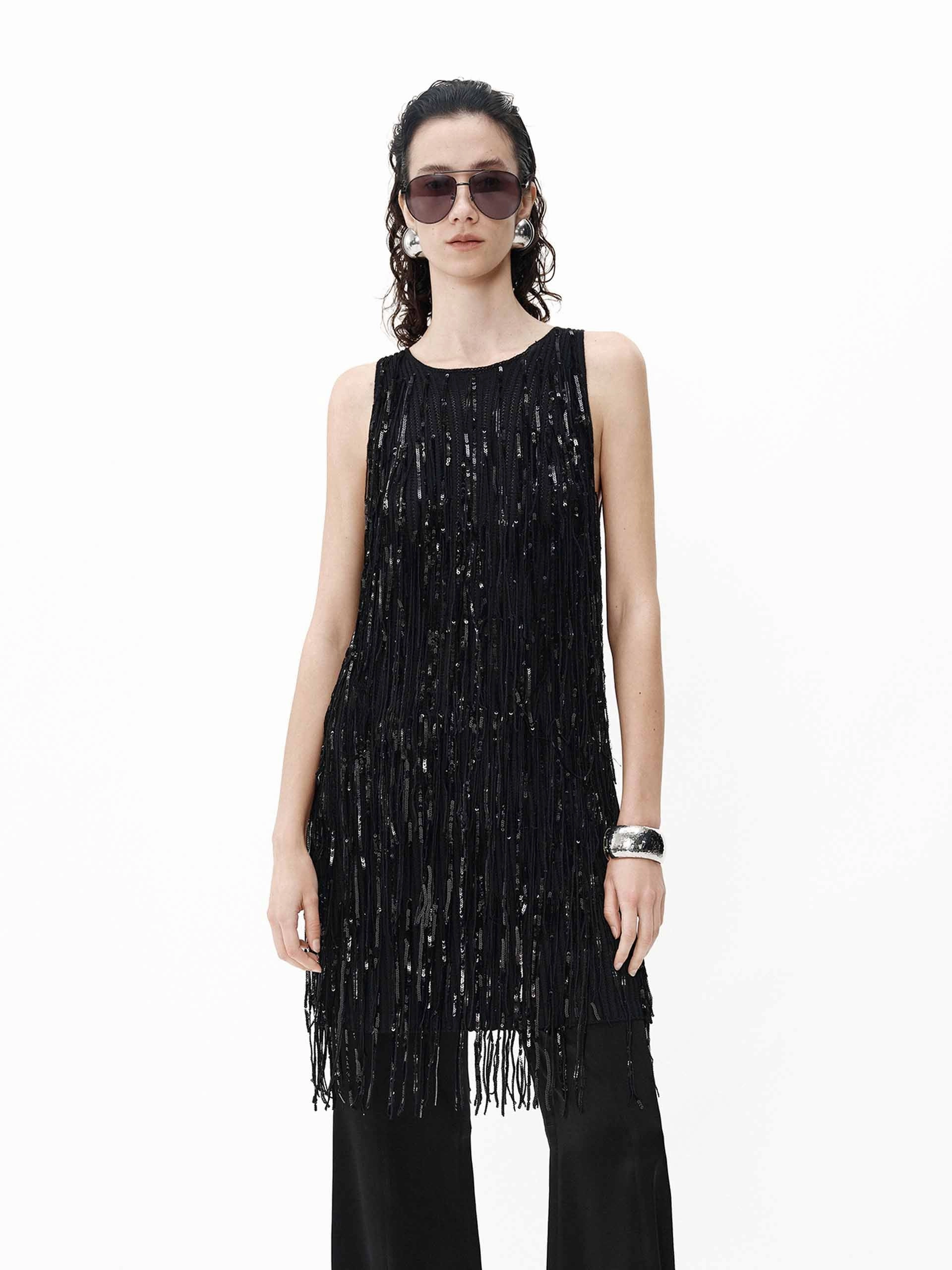 Fringed Detail Tank Dress Ruched-Detail