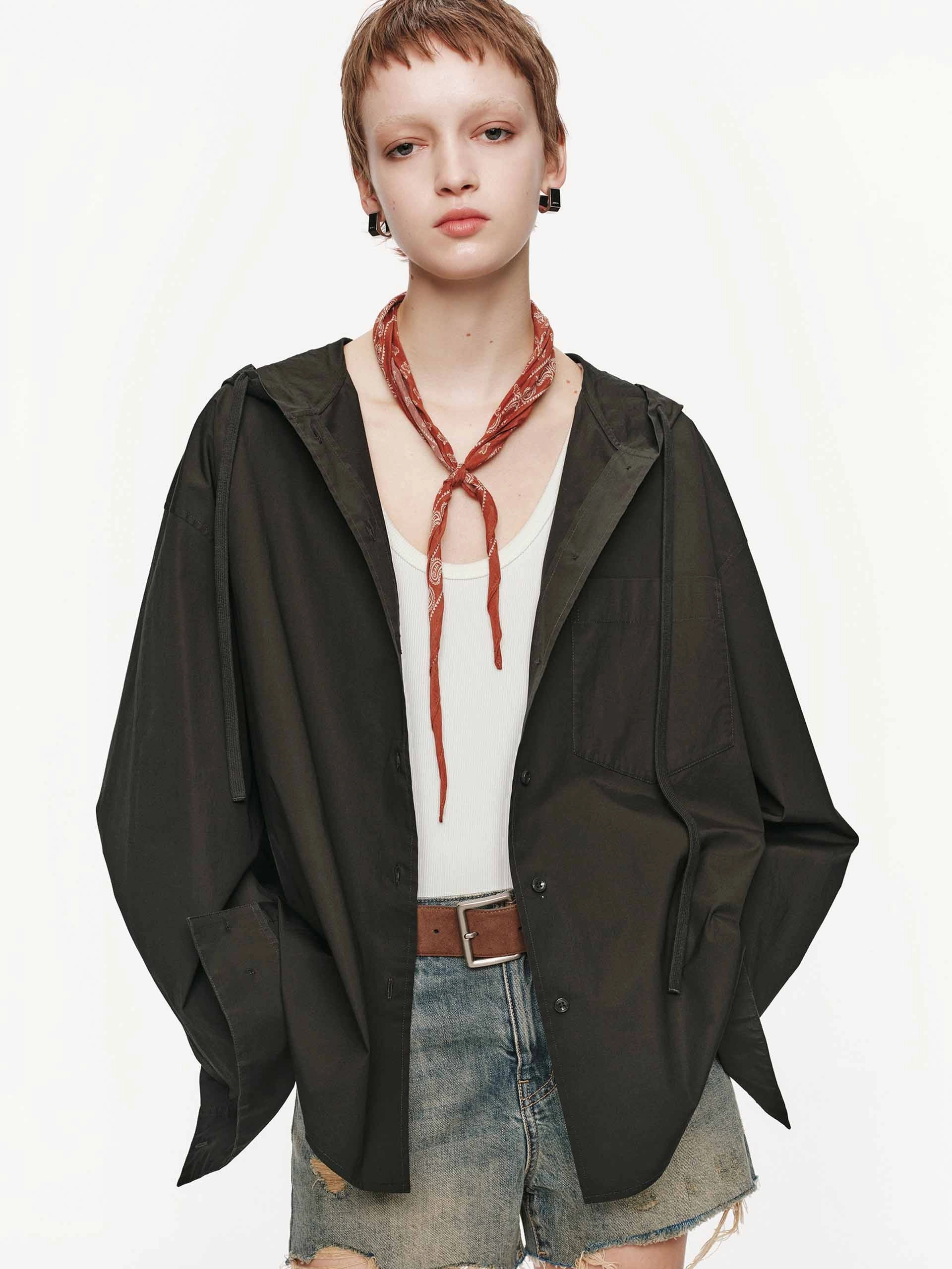 Cotton Blend Hooded Jacket Adjustable Hem sunny - day look