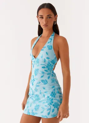 Merida Halterneck Beaded Mini Dress - Blue Lace-Sleeve Resort Vibes