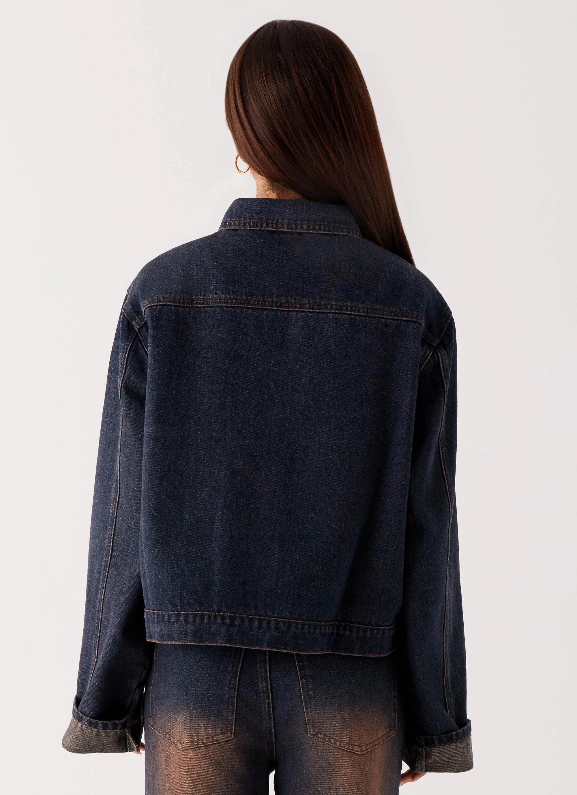 Back Again Oversized Denim Jacket - Brown Blue Acid Wash Anti Slip Collar