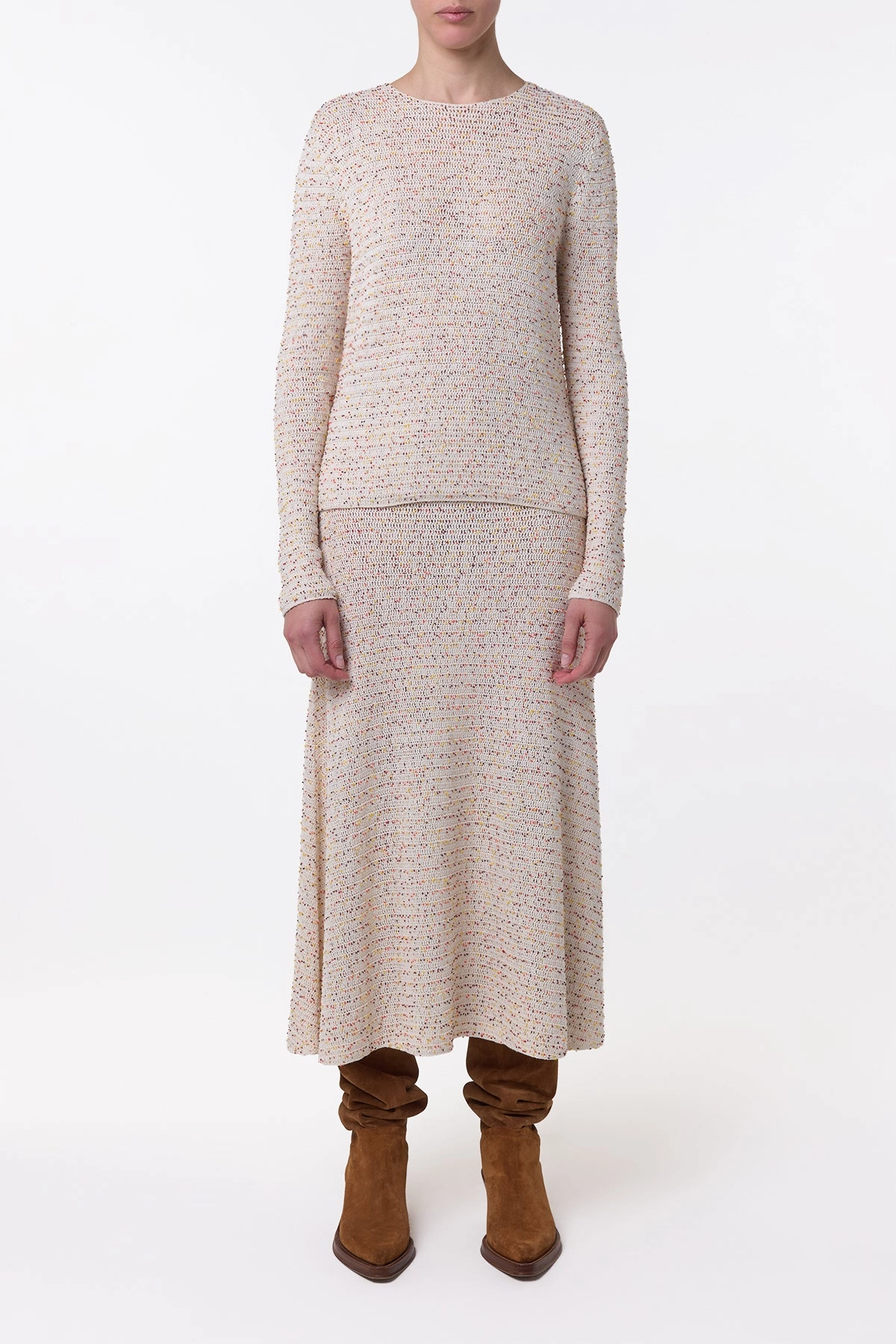 Pan Knit Maxi Skirt in Ivory Multi Beaded Cashmere HighDensity Weave Home Casual Outfit