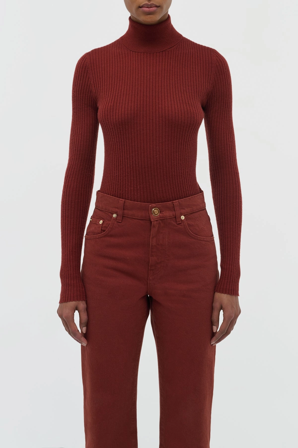 Smooth Flatlock Seams Peppe Knit Turtleneck in Burnt Sienna Cashmere Silk