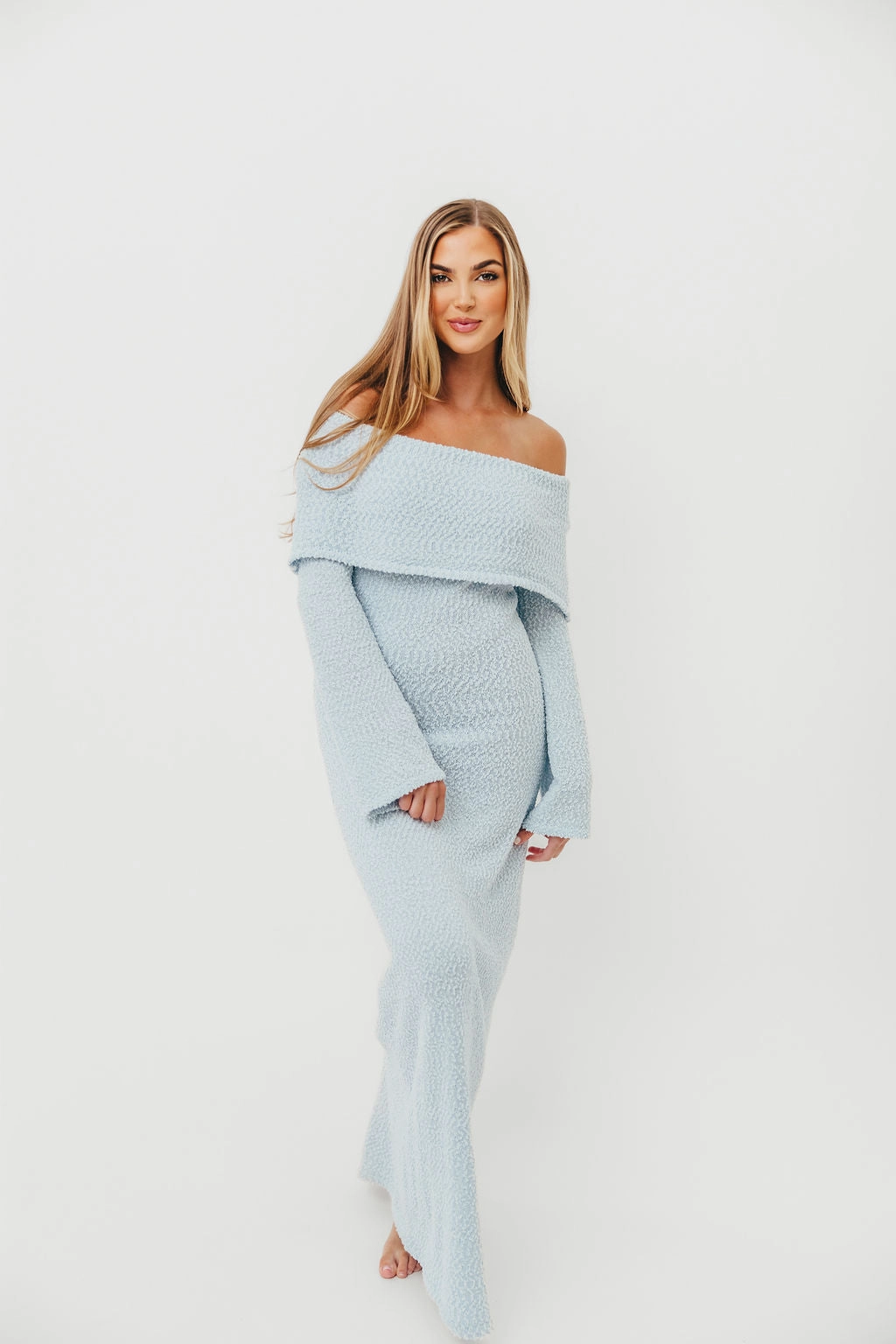 Nora Knit Maxi Dress in Dusty Blue - Bump Friendly Weekend Style