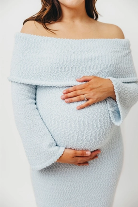 Nora Knit Maxi Dress in Dusty Blue - Bump Friendly Refined Finish