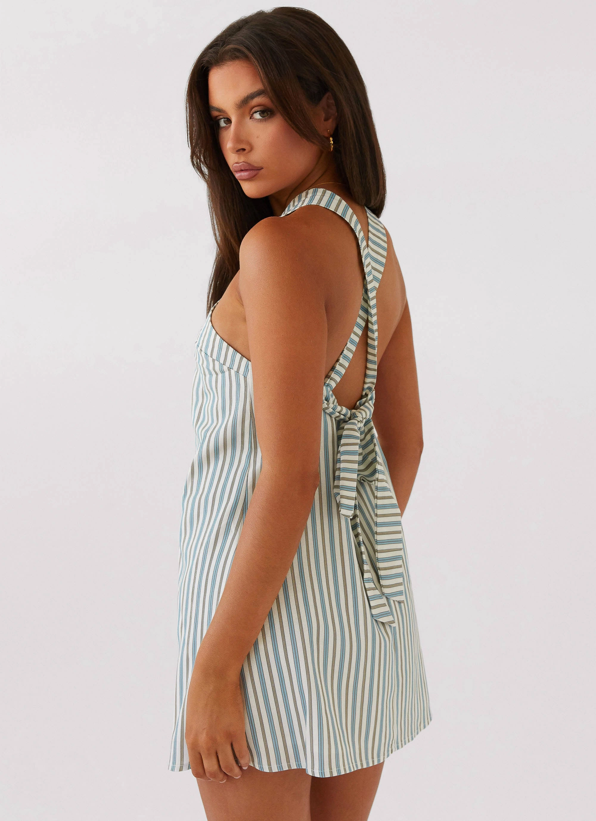 Elegant Waist Versatile Cut Keira Linen Mini Dress - Blue Choc Stripe