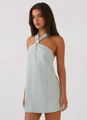 Keira Linen Mini Dress - Blue Choc Stripe Gender Fluid Light Cloud