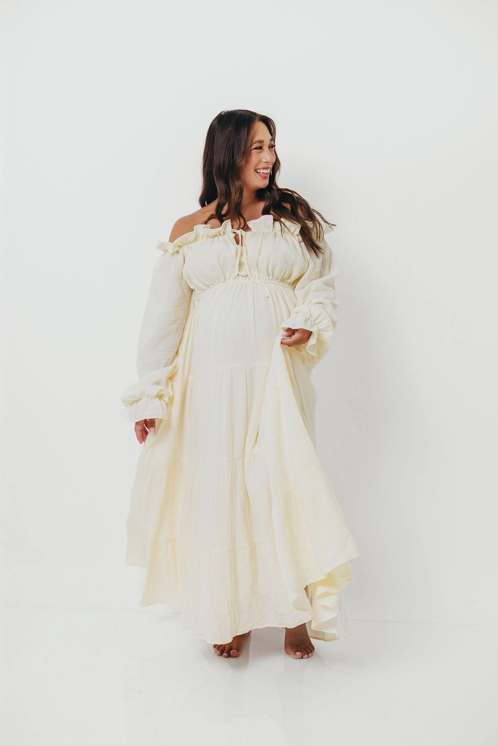 Mood Look Belted-Style Golden Hour 100% Cotton Maxi Dress in Cream - Bump Friendly