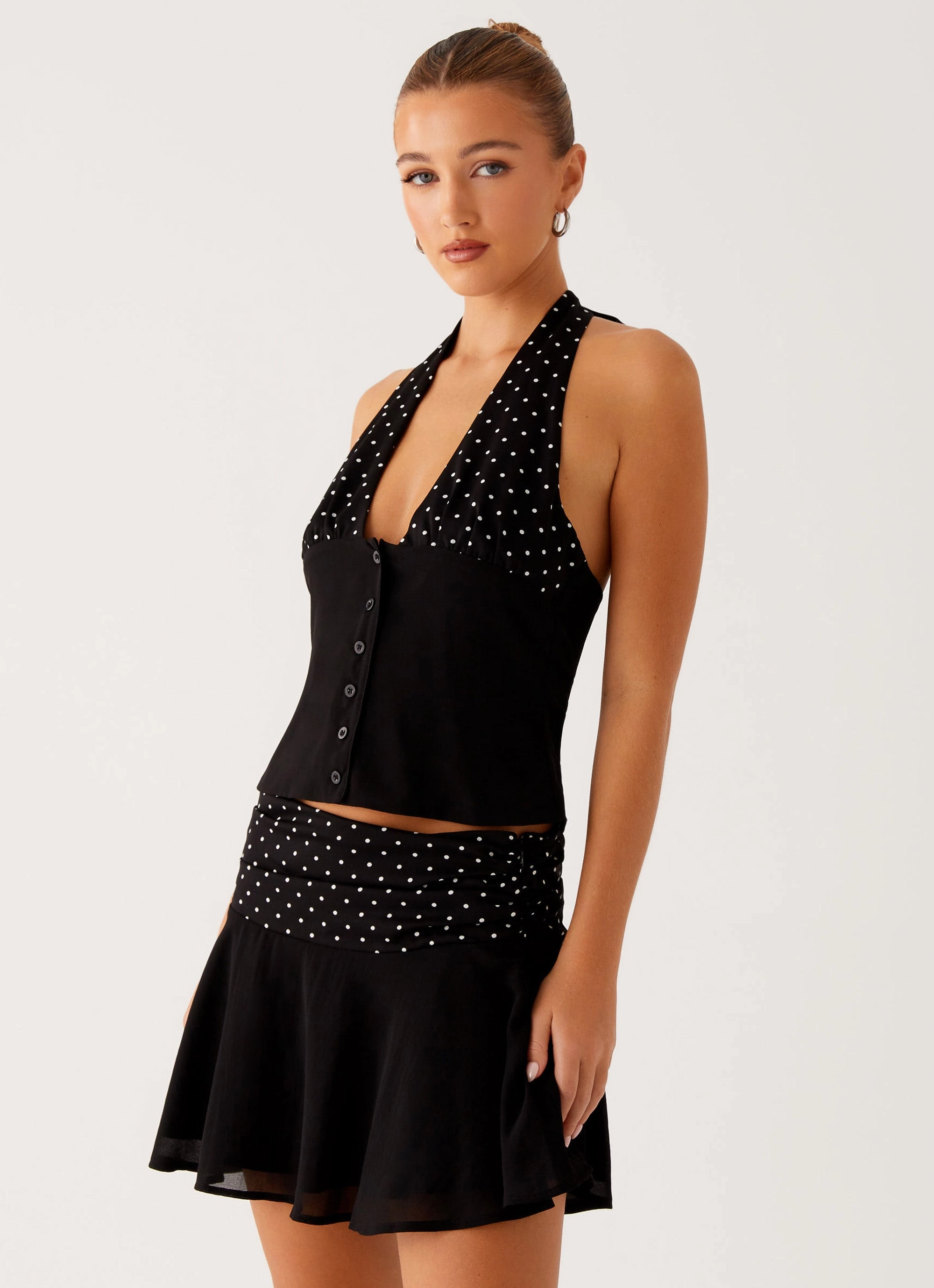 Stay Fresh Devoted Halterneck Top - Black Polka Dot