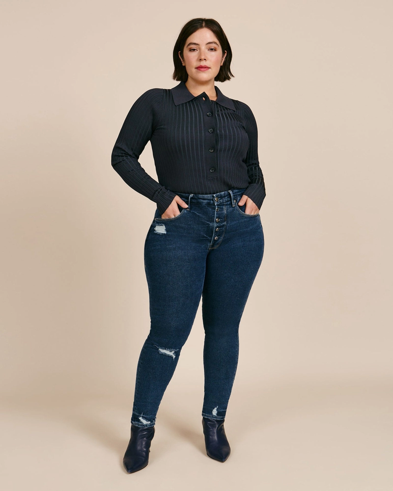 Low Profile Zipper Good Waist with Exposed Buttons | Blue