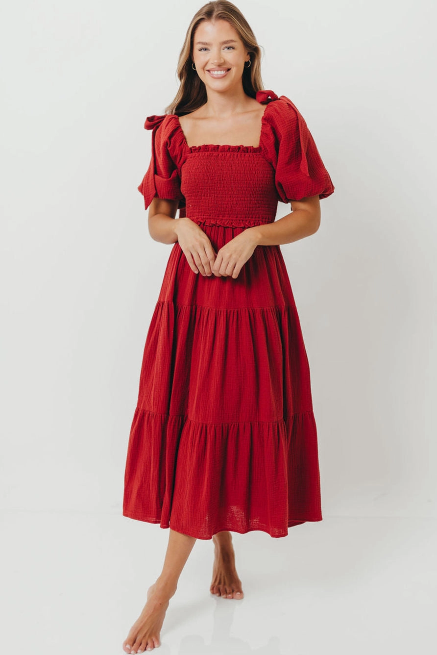 Elena 100% Cotton Smocked Midi Dress in Rust - Bump Friendly Fashionable Wear