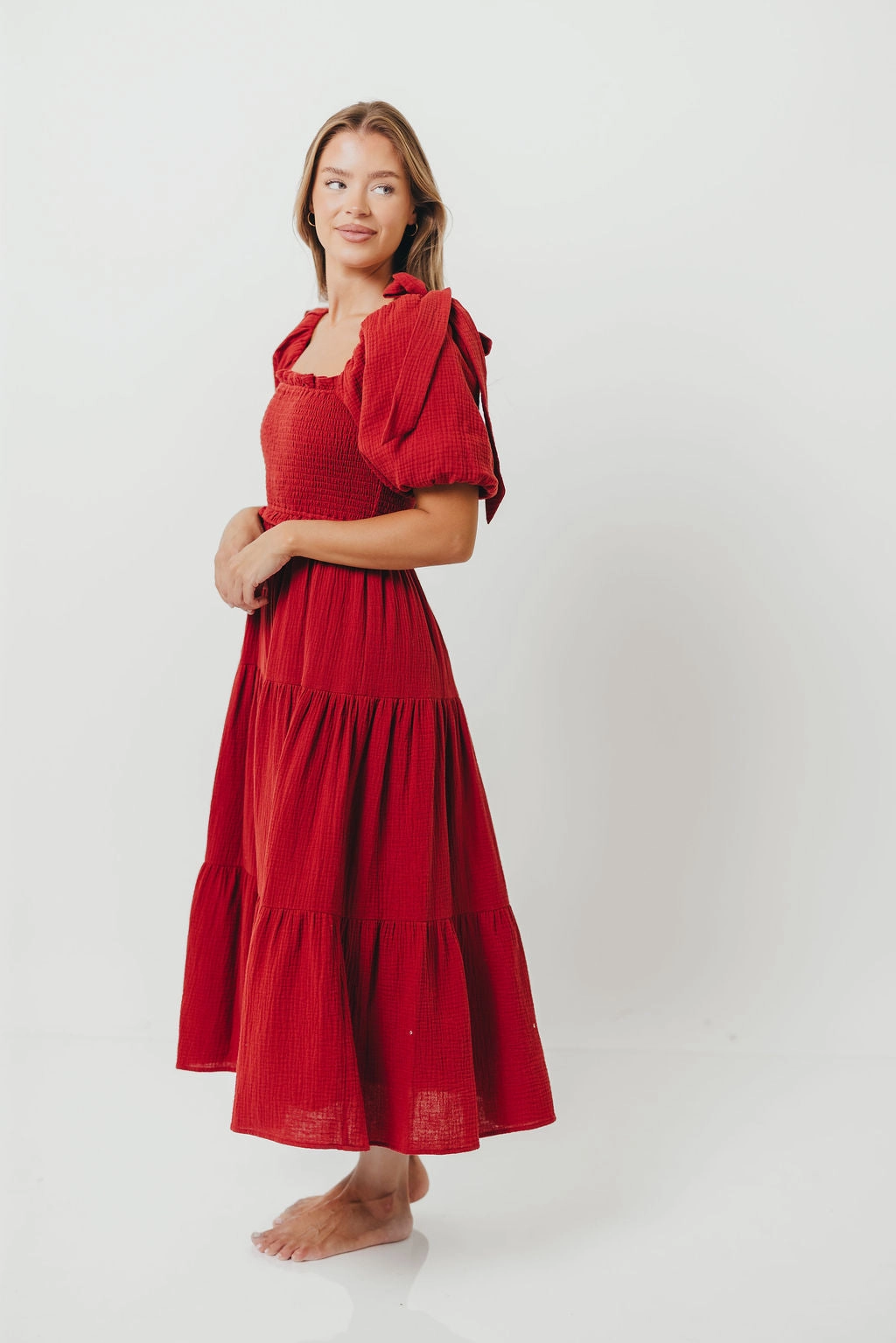 Modern Texture Elena 100% Cotton Smocked Midi Dress in Rust - Bump Friendly