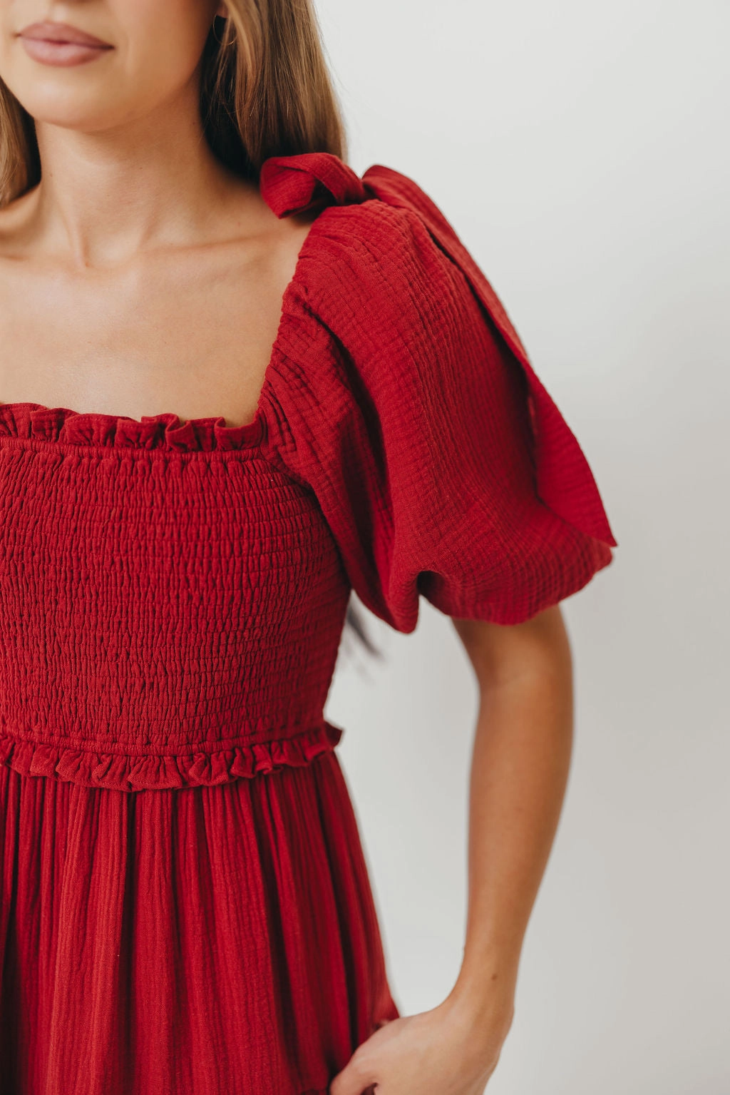 Elena 100% Cotton Smocked Midi Dress in Rust - Bump Friendly Breeze Flow Versatile Look