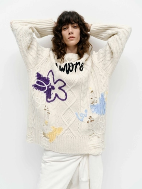 Overlock Edge Finish Graffiti Distressed Knit Sweater