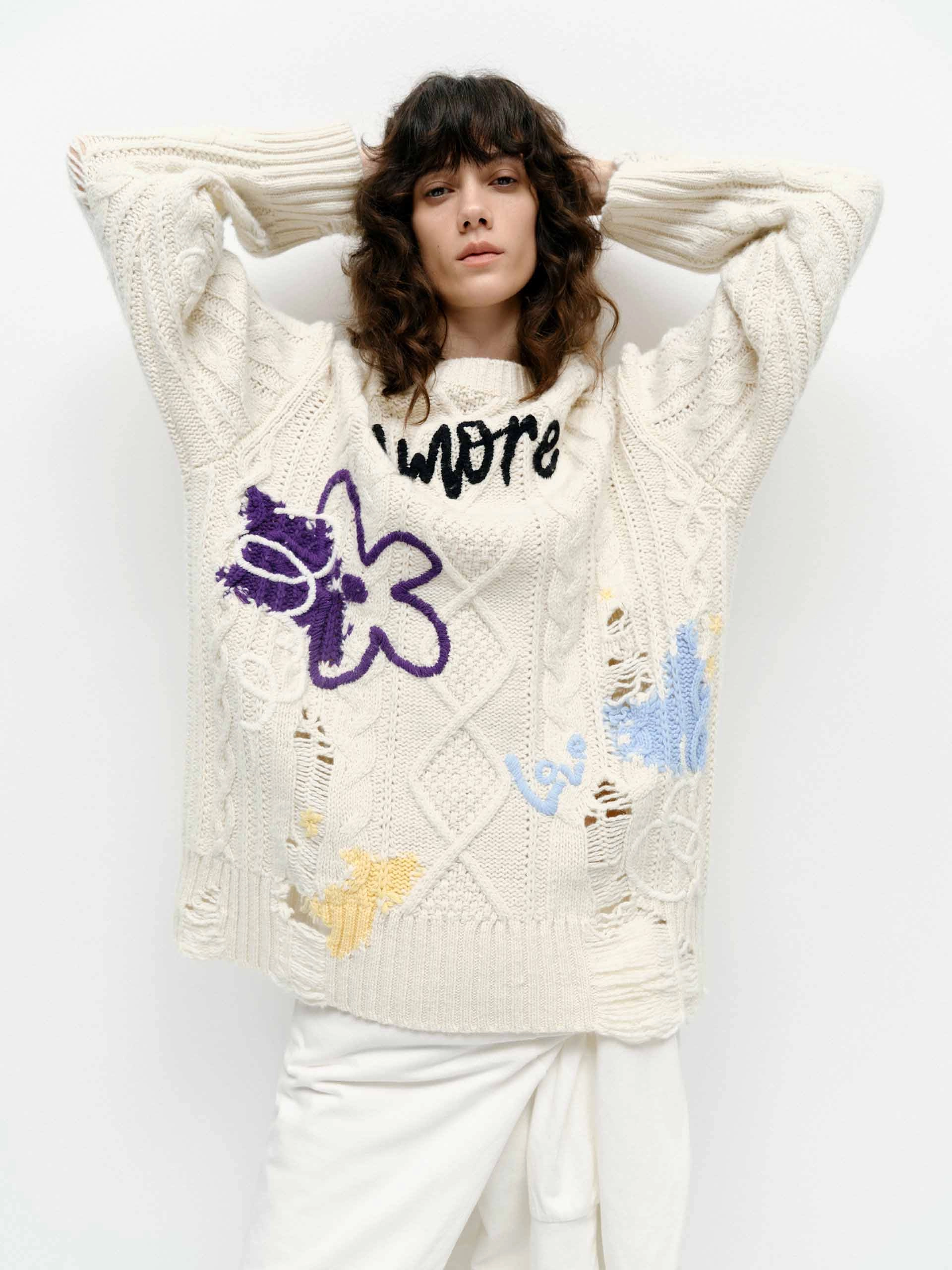 Graffiti Distressed Knit Sweater Openwork Lattice Pattern Modern Texture